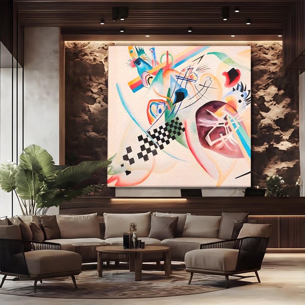 Tablou canvas cu pictura abstracta cu forme geometrice, fara rama, pe sasiu de lemn, pe perete intr-un birou